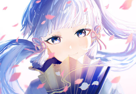 Обои на рабочий стол Kamisato Ayaka / Камисато Аяка из игры Genshin Impact с веером в руке под падающими лепестками