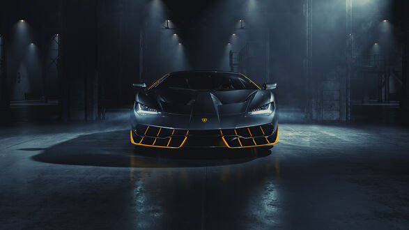 Обои на рабочий стол Lamborghini Huracan в темно-сером цвете, вид спереди