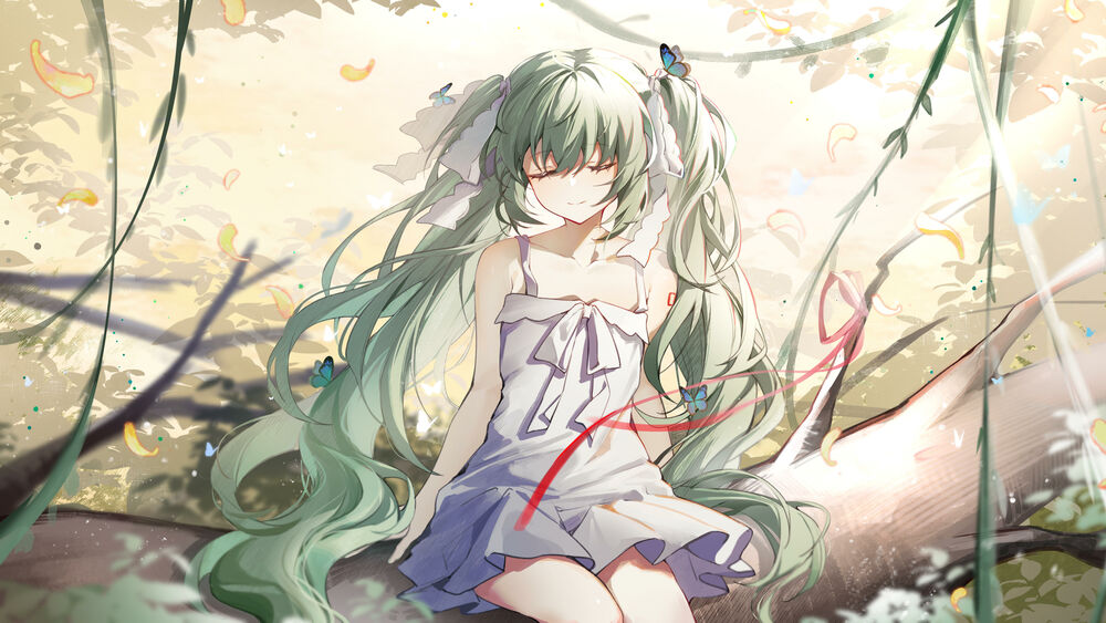 Обои для рабочего стола Vocaloid Hatsune Miku / Вокалоид Хатсунэ Мику закрыв глаза, сидит на ветви дерева
