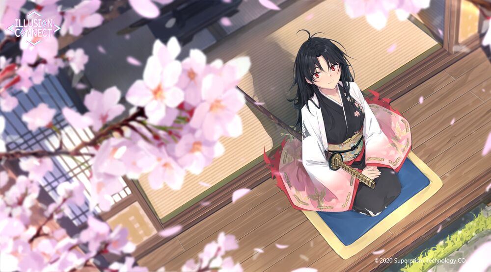 Обои для рабочего стола Девушка в кимоно сидящая согнув колени на полу смотрит вверх на цветущую ветвь сакуры