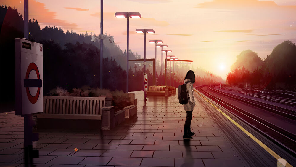 Обои для рабочего стола Одинокая девушка стоит на ж / д станции на фоне заката