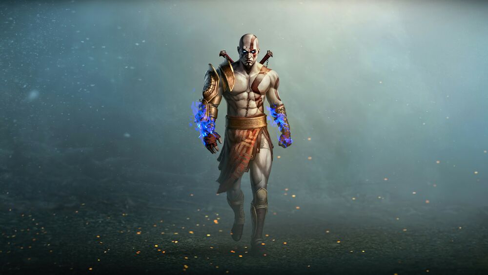 Обои для рабочего стола Kratos / Кратос из игры God of War / Бог войны идет в дыу и искрах на сером фоне