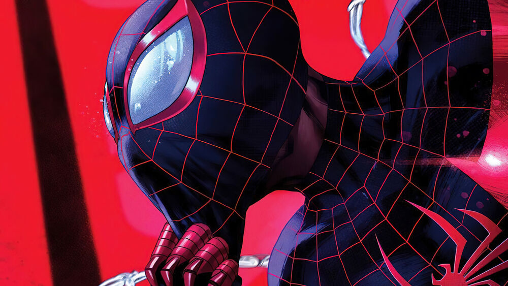 Обои для рабочего стола Spiderman Miles Morales / Человек-паук (Майлз Моралес) на красном фоне