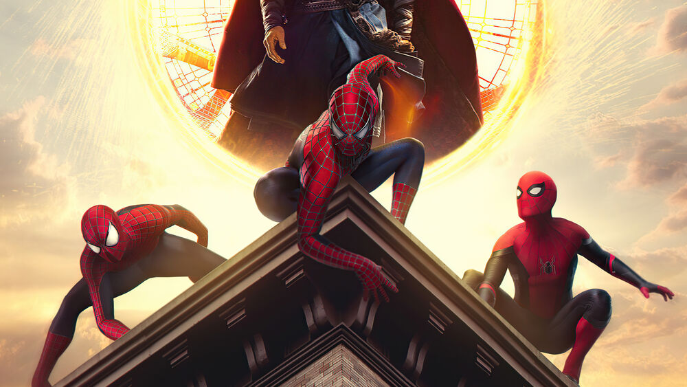 Обои для рабочего стола Еловек-паук: Нет пути домой / Spiderman No Way Home - Три человек паука на крыше здания