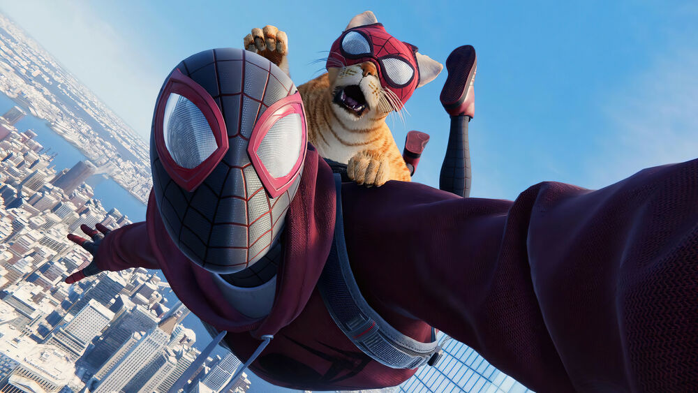 Обои для рабочего стола Spiderman Miles Morales прыгает с парашютом над городом с котором на спине