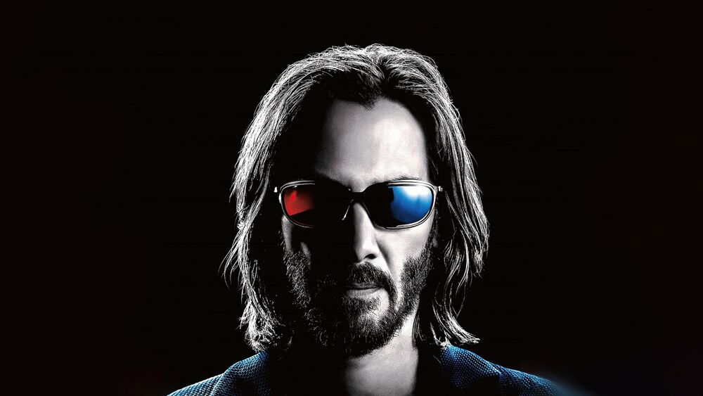 Обои для рабочего стола Постер к фильму Матрица: Воскрешение / The Matrix Resurrections - Keanu Reeves / Киану Ривз в разноцветных очках на черном фоне