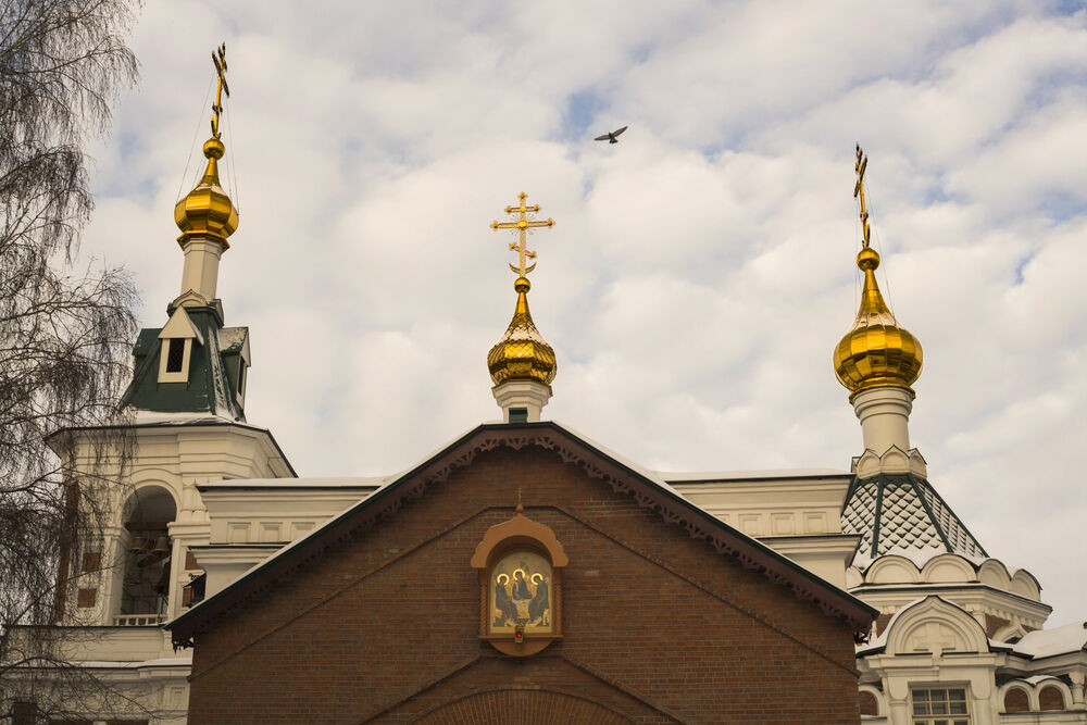 Обои для рабочего стола Фасад Архиерейского дома в Красноярске с иконой и позолоченными куполами на фоне облачного неба с птицей на нем