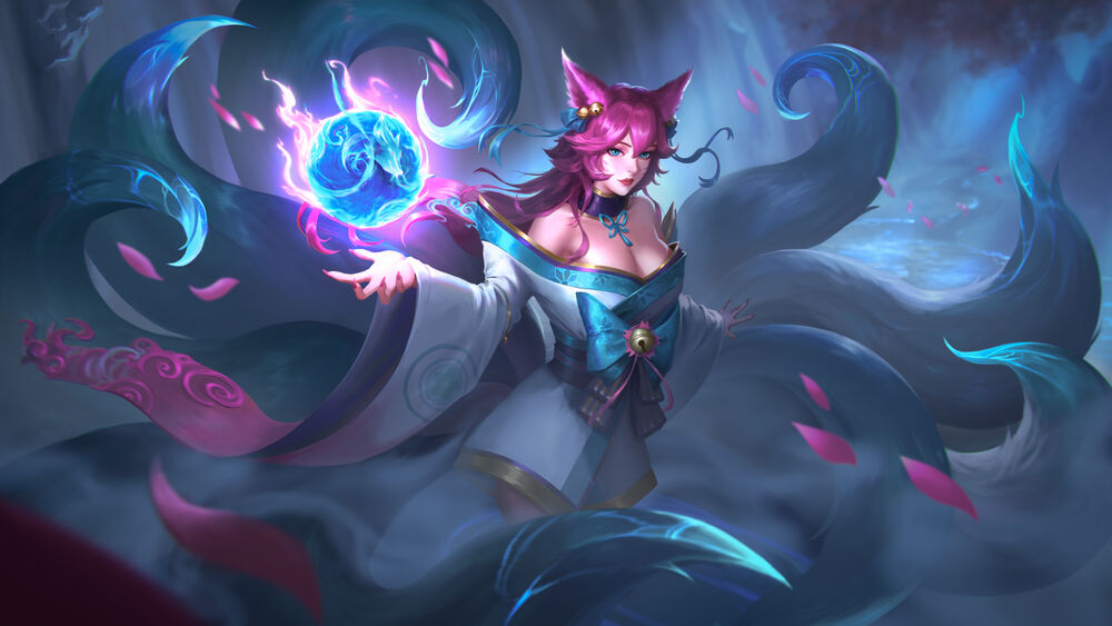 Обои для рабочего стола Ahri / Ари с магическим шаром над ладонью, персонаж из игры League of Legends / Лига Легенд