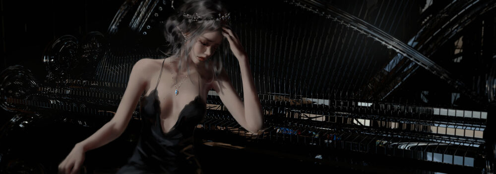 Обои для рабочего стола Artistic Fantasy Women in black dress posing in front of black piano