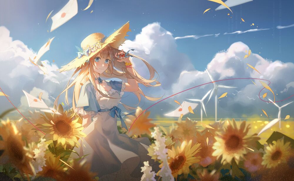 Обои для рабочего стола Девушка в платье и соломенной шляпе стоит на поле цветущих подсолнухов