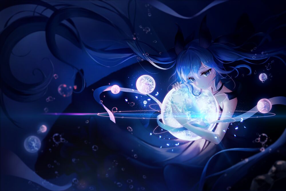 Обои для рабочего стола Vocaloid Hatsune Miku / Вокалоид Хатсунэ Мику обнимает светящуюся сферу