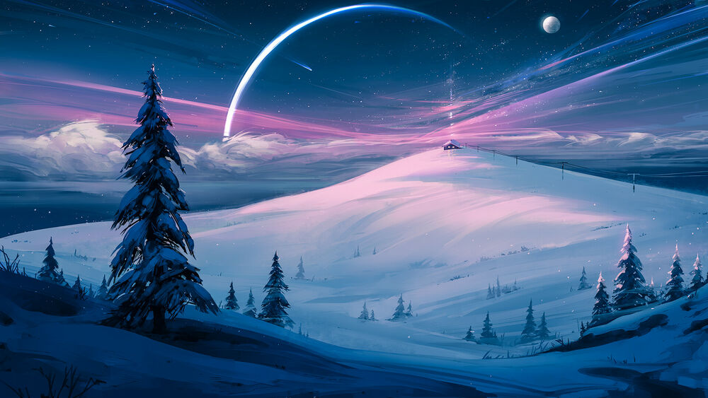 Обои для рабочего стола Пейзаж зимней природы на фоне звездного неба (Starbust / Звездная пыль)