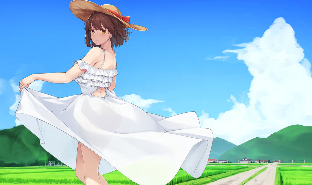 Обои для рабочего стола Katou Megumi / Мэгуми Като в белом платье стоит на проселочной дороге, персонаж из аниме Saenai Heroine no Sodatekata / Как воспитать из обычной девушки героиню