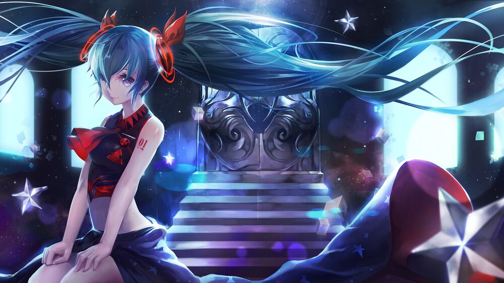 Обои для рабочего стола Vocaloid Hatsune Miku / Вокалоид Хатсуне Мику сидит внизу лестницы, ведущей к двери