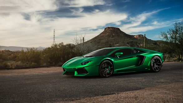 Обои на рабочий стол Lamborghini Aventador, ядовито-зеленого цвета, стоит на дороге на фоне горы