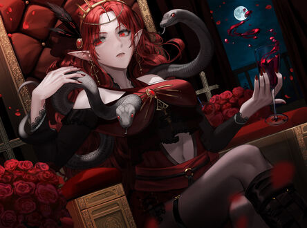 Обои на рабочий стол Вампирша с бокалом крови сидит в кресле