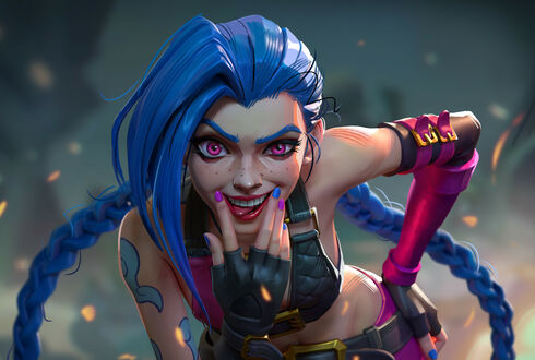 Обои на рабочий стол Джинкс / Jinx из игры Лига легенд / league of legends раздвигает пальцами губы в улыбке на размытом фоне