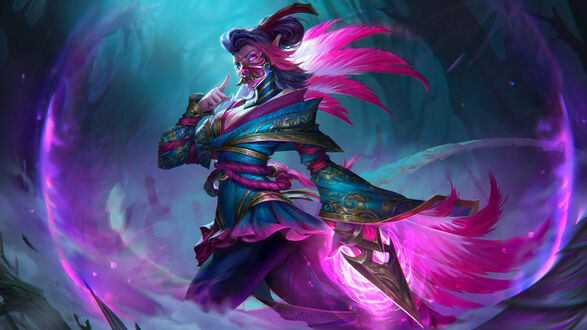 Обои на рабочий стол DOTA 2 Templar Assassin / Тамплиер-убийца в фиолетовом шаре с мечем перьями и вытянутым указательным пальцем