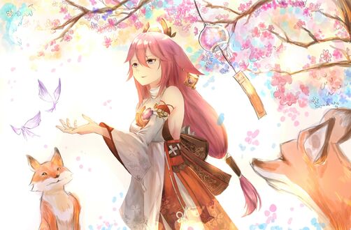 Обои на рабочий стол Yae Miko / Яэ Мико из игры Genshin Impact две лисы под цветущим деревом
