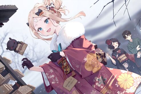 Обои на рабочий стол Abigail Williams / Эбигейл Уильямс, Katsushika Hokusai / Кацусика Хокусай и Ritsuka Fujimaru / Рицука Фудзимару из видеоигры Fate / Grand Order / Судьба / Великий приказ