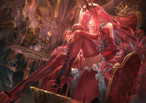 Обои на рабочий стол Baobhan Sith, аниме девушка, персонаж из игры Fate / Grand Order, сидит, охватив руками колено, в кресле в готическом интерьере