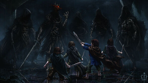 Обои на рабочий стол Хоббиты с мечами против Назгулов в сумраке, рисунок по фильму Властелин колец / Lord of the Rings