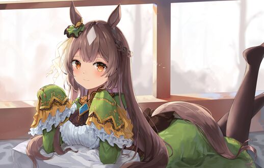 Обои на рабочий стол Satono Diamond в зеленом платье, персонаж из аниме Uma Musume Pretty Derby / Девушки-пони славное дерби
