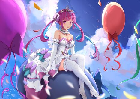 Обои на рабочий стол Minato Aqua в белом платье, сидит на воздушном шаре, виртуальный ютубер Hololive