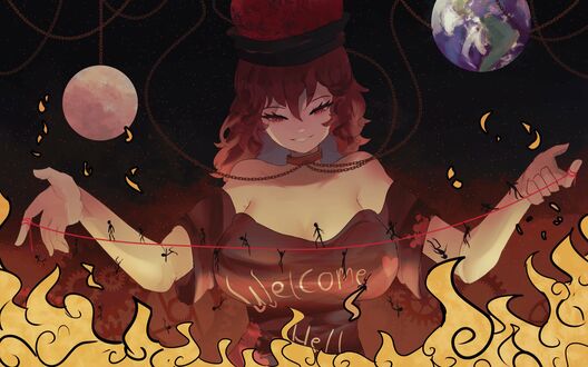 Обои на рабочий стол Hecatia Lapislazuli / Гекатия Лапислазули держит красную нить с людьми, внизу пылает огонь (Welcome) из игры и аниме Touhou Project / Проект Восток