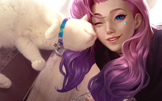 Обои на рабочий стол Seraphine / Серафина с белым котом из игры League of Legends / Лига Легенд