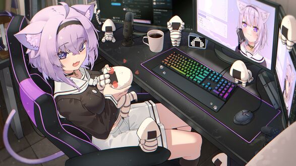 Обои на рабочий стол Okayu Nekomata / Окаю Нэкомата с кошачьими ушками и хвостом-Virtual Youtuber / Виртуальный Ютубер, и персонаж из аниме Holo no Graffiti / Граффити Холо сидит за компьютерным столом