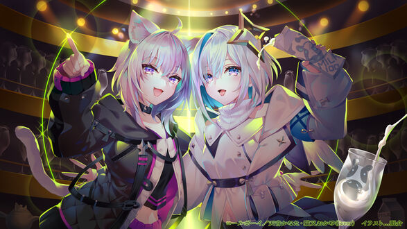 Обои на рабочий стол Okayu Nekomata / Окаю Нэкомата с кошачьими ушками и хвостом-Virtual Youtuber / Виртуальный Ютубер и Amane Kanata / Амане Каната -Virtual Youtuber / Виртуальный Ютубер, персонажи из аниме Holo no Graffiti / Граффити Холо