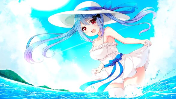 Обои на рабочий стол Радостная Koharu Toki в белом платье и шляпе, стоит в воде приподнимая подол платья, виртуальный ютубер Indie Virtual Youtuber