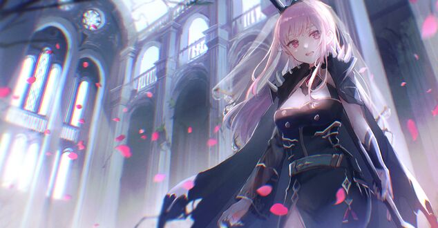 Обои на рабочий стол Mori Calliope / Мори Каллиопа-Virtual Youtuber / Виртуальный Ютубер (Hololive) стоит среди розовых лепестков внутри здания