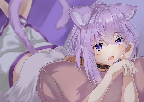 Обои на рабочий стол Okayu Nekomata / Окаю Нэкомата с кошачьими ушками и хвостом-Virtual Youtuber / Виртуальный Ютубер, персонаж из аниме Holo no Graffiti / Граффити Холо лежит на животе в постели