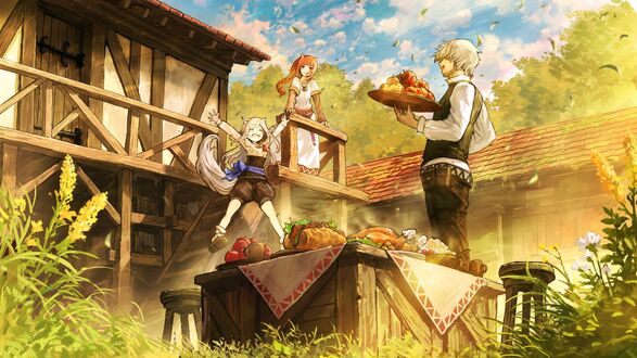 Обои на рабочий стол Myuri / Мюри, Holo / Холо и Craft Lawrence / Крафт Лоурэнс, персонажи из видеоигры Spice and Wolf VR 2