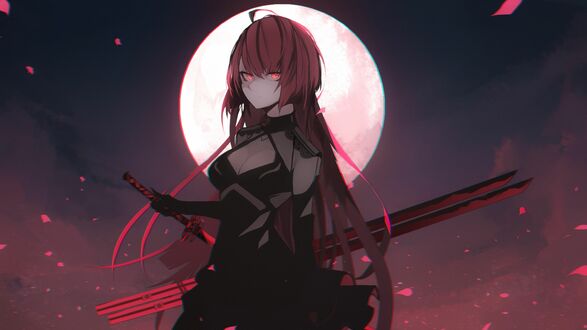 Обои на рабочий стол Crimson Avenger / Алый Мститель Elesis / Элизис из онлайн RPG игры Elsword, автор Nightfall1007 / Justin Dean / Эльсворд / Жрицы Эль стоит на фоне полной луны в ночном фоне