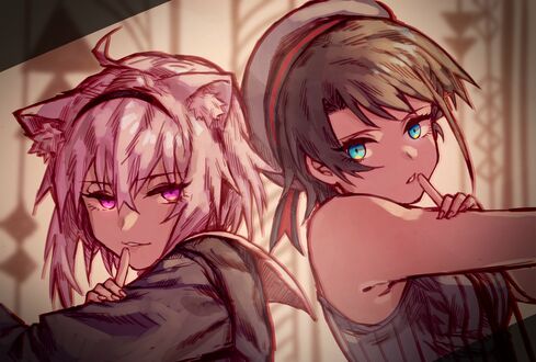 Обои на рабочий стол Okayu Nekomata / Окаю Нэкомата с кошачьими ушками-Virtual Youtuber / Виртуальный Ютубер и Subaru Oozora / Субару Одзора-Virtual Youtuber / Виртуальный Ютубер, персонажи из аниме Holo no Graffiti / Граффити Холо