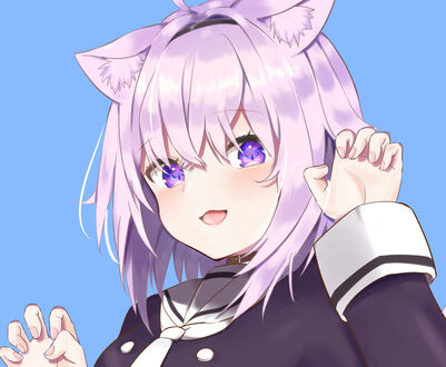 Обои на рабочий стол Okayu Nekomata / Окаю Нэкомата с кошачьими ушками-Virtual Youtuber / Виртуальный Ютубер, персонаж из аниме Holo no Graffiti / Граффити Холо на голубом фоне