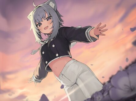 Обои на рабочий стол Okayu Nekomata / Окаю Нэкомата с кошачьими ушками-Virtual Youtuber / Виртуальный Ютубер, персонаж из аниме Holo no Graffiti / Граффити Холо в поле цветов на фоне неба