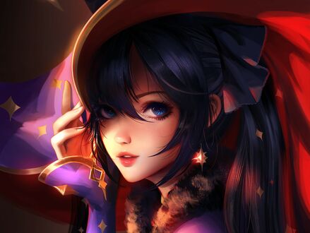 Обои на рабочий стол Девушка Mona / Мона-персонаж из игры Genshin Impact придерживает рукой широкополую шляпу