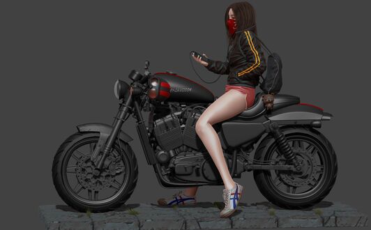 Обои на рабочий стол Девушка сидит на Harley-Davidson в красной маске, держа в руках гаджет с наушниками, на сером фоне