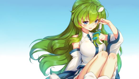 Обои на рабочий стол Kochiya Sanae / Кочия Санае на бело-голубом фоне, персонаж из серии компьютерных игр Touhou Project / Проект «Восток»