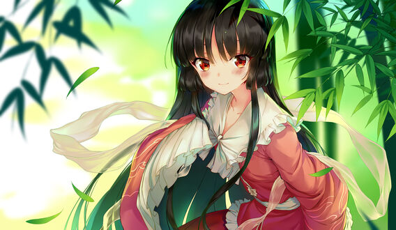 Обои на рабочий стол Houraisan Kaguya / Хорайсан Кагуя стоит возле бамбука, персонаж из серии компьютерных игр Touhou Project / Проект «Восток»