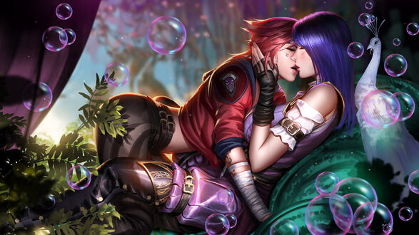 Обои на рабочий стол Caitlyn / Кейтлин и VI / Вай из игры League of Legends целуются
