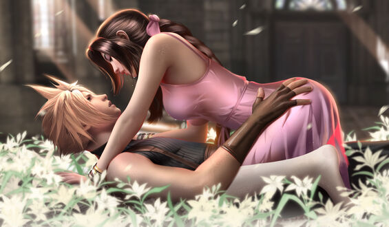 Обои на рабочий стол Aerith Gainsborough / Айрис Гейнсборо и Cloud Strife / Клауд Страйф из игры Final Fantasy VII / Последняя Фантазия VII