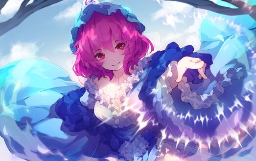 Обои на рабочий стол Улыбающаяся Saigyouji Yuyuko / Сайгедзи Ююко, персонаж из серии компьютерных игр Touhou Project / Проект «Восток»
