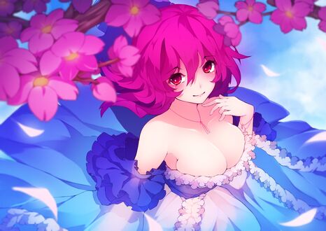 Обои на рабочий стол Saigyouji Yuyuko / Сайгедзи Ююко под цветущими ветвями, персонаж из серии компьютерных игр Touhou Project / Проект «Восток»