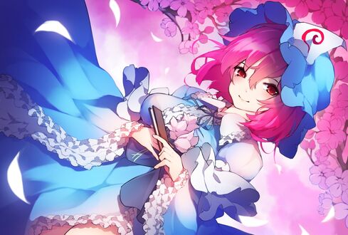 Обои на рабочий стол Saigyouji Yuyuko / Сайгедзи Ююко со сложенным веером в руке, персонаж из серии компьютерных игр Touhou Project / Проект «Восток»