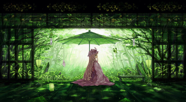 Обои на рабочий стол Yakumo Yukari / Якумо Юкари сидят на полу, персонаж из серии компьютерных игр Touhou Project / Проект «Восток»